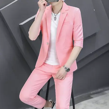 夏季西服套装男薄款休闲条纹中袖西装男外套七分袖韩版修身三件套图片