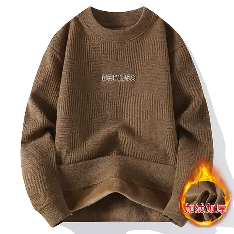 中青年时尚保暖打底衫宽松大版圆领刺绣绒衫秋冬款一体绒加厚卫衣商品大图