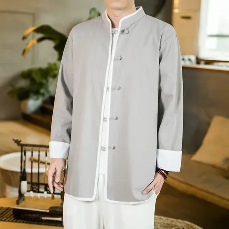 春秋季男士夹克中国风休闲棉麻盘扣上衣大码长袖唐装潮流立领外套图片