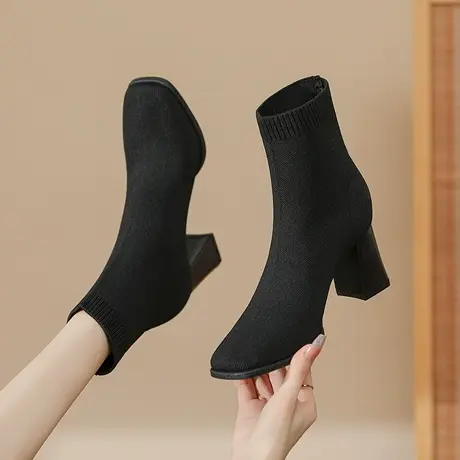弹力瘦瘦袜靴女2024年新款春秋单靴黑色显瘦马丁靴粗跟裸靴配裙子图片