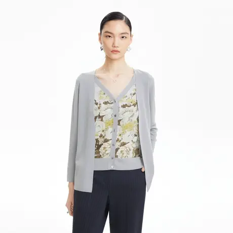 LANCY/朗姿真丝假两件开衫秋季新款V领长袖通勤高级开衫女奥莱图片