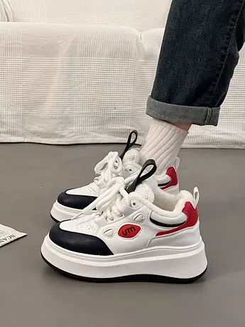 网红高级感厚底加绒老爹鞋女2023秋冬季新款增高休闲运动高帮板鞋商品大图