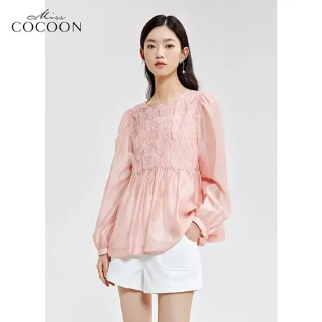 missCOCOON蝴蝶结设计蕾丝衫女2023新款春季长袖宽松圆领套装上衣商品大图