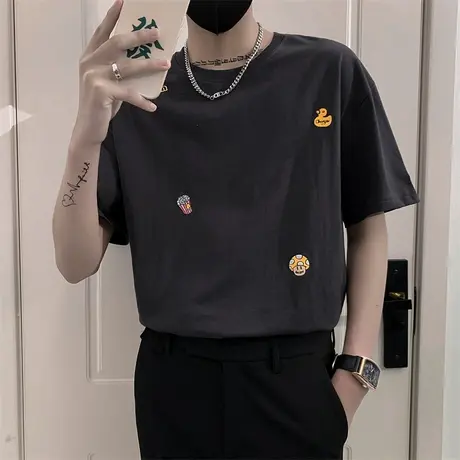 短袖T恤男2022夏季新款百搭宽松休闲半袖刺绣韩版潮流圆领体恤ins商品大图