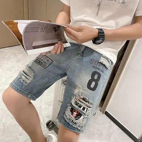 破洞牛仔短裤男夏季宽松潮牌裤子运动篮球潮流中裤印花薄款五分裤商品大图
