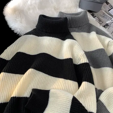 高领毛衣男秋冬季新款条纹宽松保暖慵懒风可翻高领潮流长袖打底衫图片