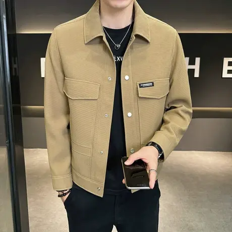 2023秋季华夫格夹克宽松工装上衣潮男潮流高级感纯色休闲外套百搭商品大图