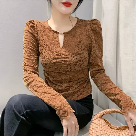 性感蕾丝心机镂空上衣女洋气修身侧面抽褶小衫时尚百搭内搭打底衫商品大图