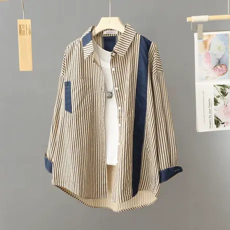 休闲条纹衬衫外套女式中长款宽松春秋季衬衣设计感慵懒风开衫上衣图片