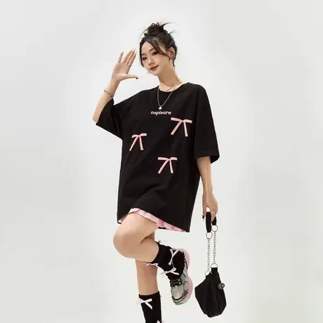 YEP字母发泡印花黑色短袖t恤女2025春夏新款复古宽松oversize上衣图片