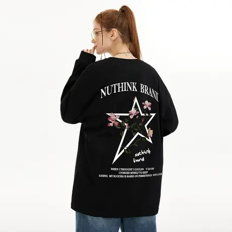 Nuthink潮牌五角星圆领长袖T恤男美式复古宽松冬装上衣大码打底衫商品大图