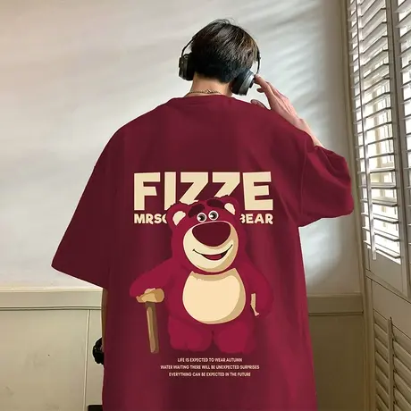 酒红色短袖t恤男夏季2024新款美式草莓熊半袖情侣港风宽松体恤潮T商品大图