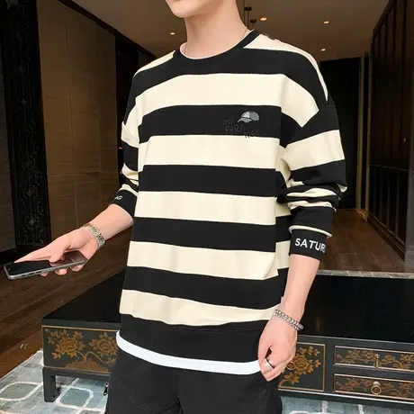 纯棉长袖T恤男2023秋季新款男装上衣潮牌潮流宽松复古条纹卫衣男图片