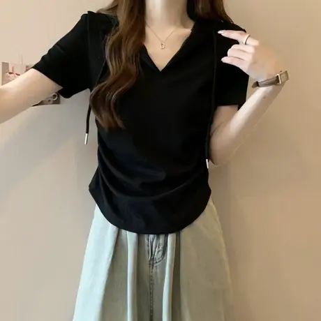 连帽抽绳短袖T恤女夏装2024新款修身显瘦设计感小众褶皱半袖体恤商品大图