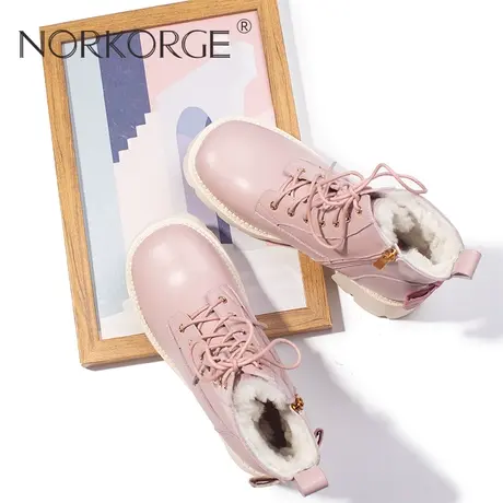 2023新款冬复古粉紫色真毛雪地靴女靴真皮圆头粗跟厚底防滑马丁靴商品大图