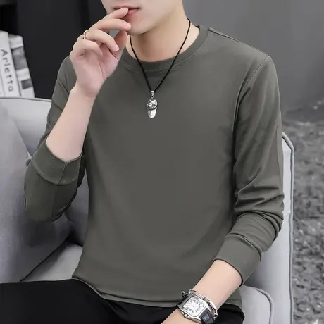 长袖t恤男纯棉纯色秋季上衣服内搭打底衫体恤潮牌潮流圆领秋衣男商品大图
