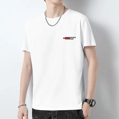 莫代尔短袖t恤男装潮流修身夏季冰丝速干凉感白色半袖圆领上衣服商品大图