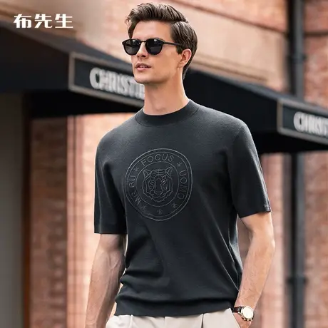 MrBu布先生虎头刺绣黑色短袖羊毛t恤秋冬半高领青年男装BT11698商品大图