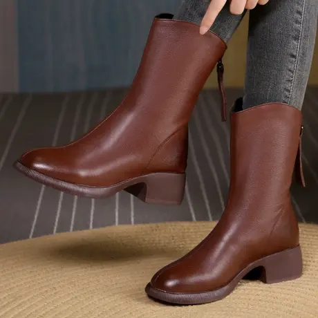 软皮长靴纯皮大码女靴子中筒靴真皮新款全牛皮加绒靴子小香风靴子图片