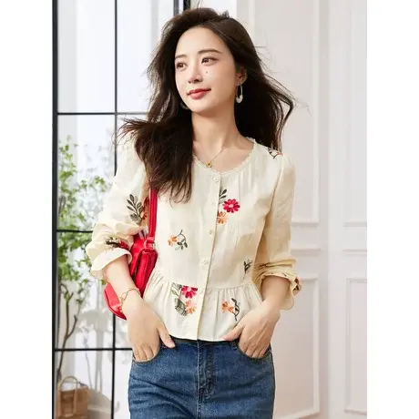 时尚气质长袖衬衫2023年秋季新款淑女温柔圆领宽松显瘦通勤上衣商品大图