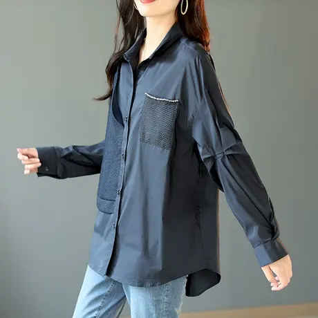 宝诗黎口袋珠链衬衫女新款春秋装针织拼接上衣2023中长款休闲衬衣商品大图