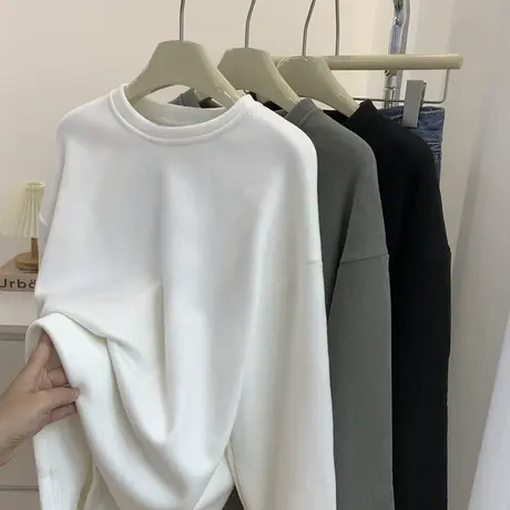 享永子磨毛加绒开叉长袖T恤女打底2022秋冬宽松内搭显瘦加厚保暖商品大图