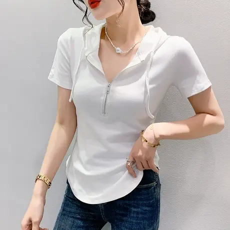 设计感连帽短袖T恤女欧货网红不规则拉链上衣百搭洋气体恤小衫夏图片