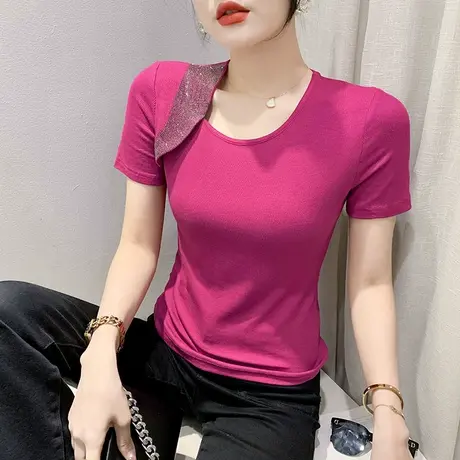 不规则斜领T恤女短袖2023夏新款时尚烫钻修身小衫设计感网红上衣商品大图