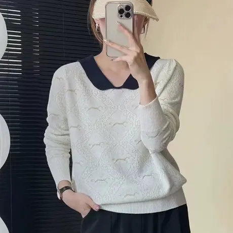 2023秋装新款娃娃领小马薄款长袖针织打底衫女设计感ins潮上衣女图片