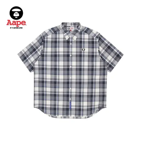 Aape旗舰店男装春夏猿颜徽章简约印花格纹撞色短袖衬衫8401XBI图片