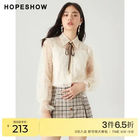 红袖outlets丝绒飘带蕾丝衫hopeshow春季新款女装泡泡袖波点衬衫商品大图