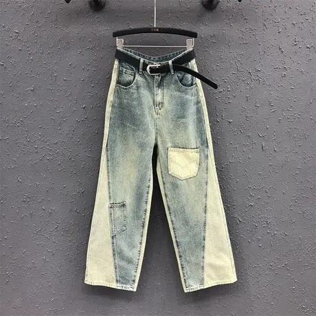 怀旧设计欧美风复古撞色工装直筒裤潮女夏新款显瘦高腰拖地牛仔裤商品大图