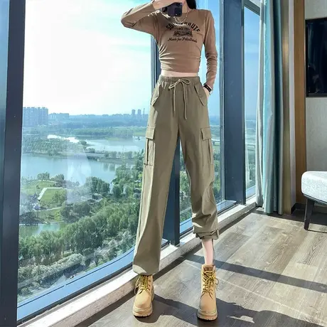 卡其色工装裤女秋季2023新款高腰抽绳登山裤阔腿美式束脚运动裤子图片