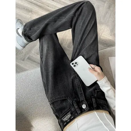 黑灰色牛仔裤女士直筒春秋季2023年新款显瘦高腰小个子阔腿裤子女商品大图