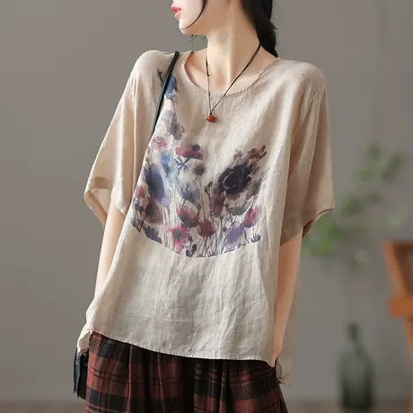 dza复古高端苎麻上衣女士夏薄款白色短袖t恤宽松打底棉麻半袖体恤商品大图