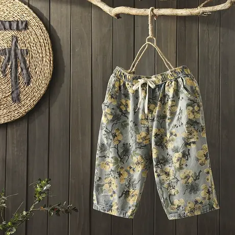 枫谜2019年夏季新款 文艺复古 印花牛仔破洞五分裤女宽松休闲中裤图片