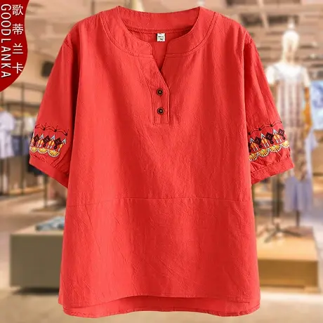 40-50岁中年妈妈夏装短袖t恤女大码宽松洋气民族风妈妈装棉麻上衣商品大图