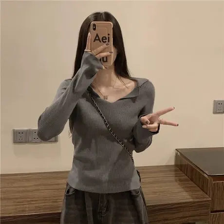 法式气质小众POLO领针织衫早秋季新款设计感打底衫修身显瘦上衣女图片