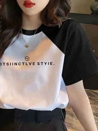 仿棉短袖t恤女2023新款夏季美式高街复古小众设计感撞色正肩上衣图片