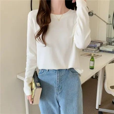 2023年新款春秋冬白色洋气宽松百搭打底衫内搭黑色长袖t恤女上衣商品大图