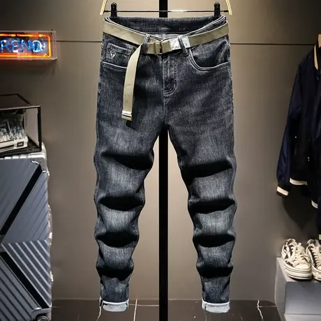 春夏款黑色潮牌牛仔裤男直筒修身小脚男士百搭韩版潮流长裤子男装商品大图