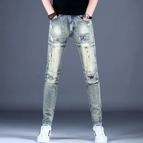 美式高街拼接破洞牛仔裤男款修身小脚裤子秋款男裤2023新款紧身裤商品大图