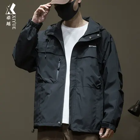 日系连帽户外徒步防水冲锋衣男秋季宽松大码微弹防风工装外套潮牌商品大图