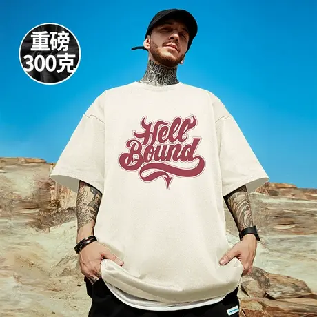 加肥加大夏季字母半袖纯棉t恤男美式复古潮流宽松奶杏色重磅短袖图片