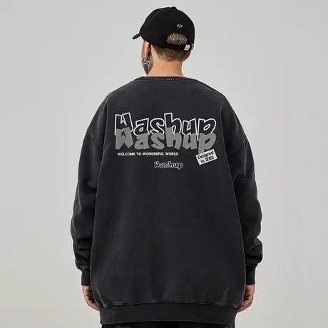 oversize港风圆领卫衣男潮牌重磅大码男装春秋季加绒复古做旧冬季图片