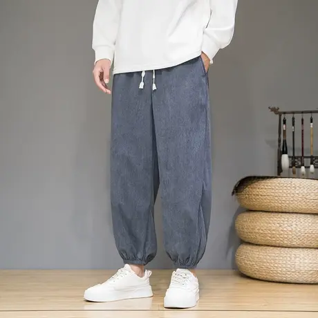 秋冬男裤子中国风灯芯绒宽松休闲束脚长裤潮百搭简约纯色哈伦裤男图片