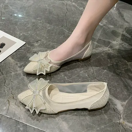 高跟鞋女2023年夏季新款尖头浅口时尚网纱单鞋女水钻蝴蝶结凉鞋女图片