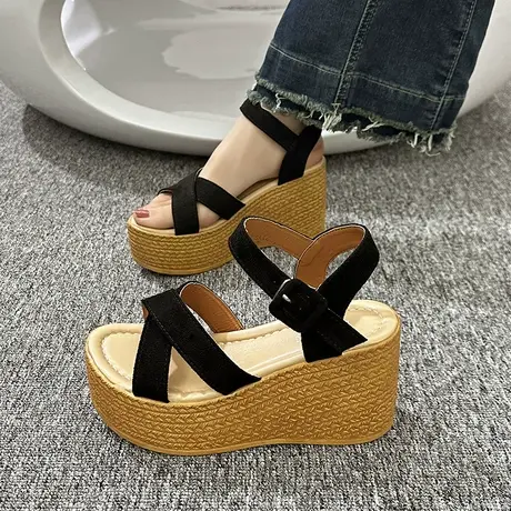 婚鞋凉鞋女夏2023新款仙女风高跟坡跟防水台松糕厚底一字带罗马鞋图片