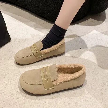 永希豆豆鞋女2024年秋冬季新款法式复古一脚蹬单鞋超软加绒平底鞋图片