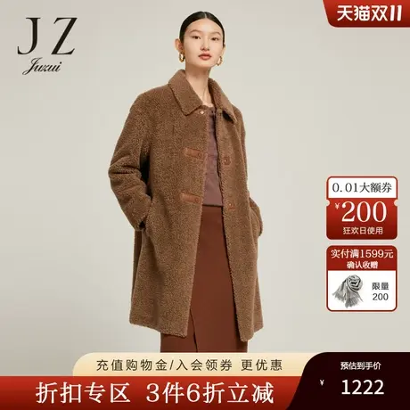 JZ玖姿外套女装2022冬季新款时尚拼皮保暖简约中长款流行羊毛大衣图片